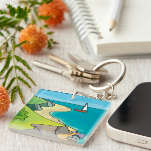 Coastal Cliff Beach Sailboat Key Ring