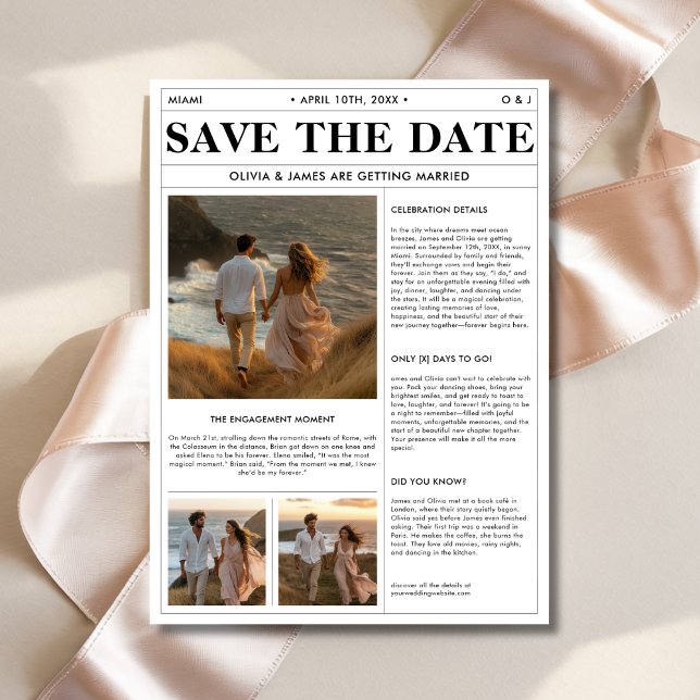 Coastal Cliff Sunset 3 Photo Wedding Newspaper Save The Date (Creator Uploaded)