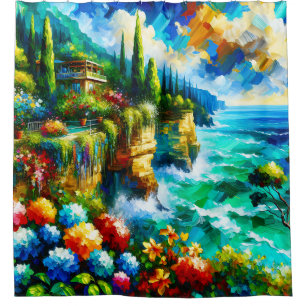 “Coastal Cliffside with Vibrant Flowers” Shower Curtain