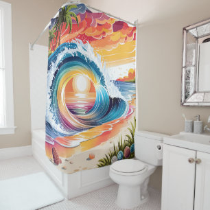 Coastal & Colourful Vibrant Sunset Beach Wave Shower Curtain