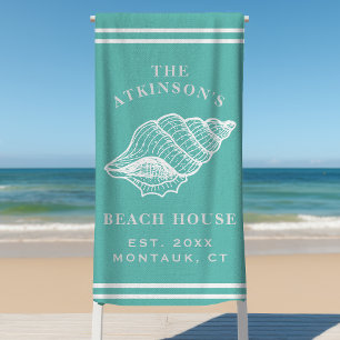Coastal Conch Shell Beach House Family Name Teal Beach Towel