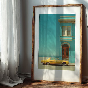 Coastal Contrast: Vintage Yellow Car Poster