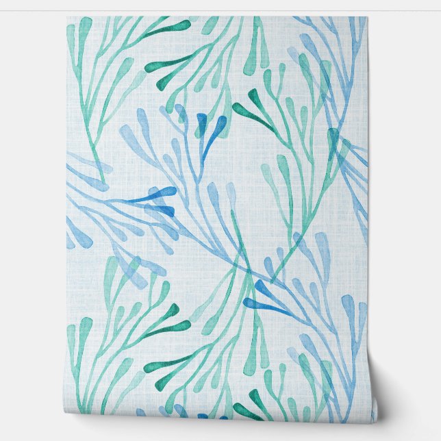Coastal Coral and Seaweed in Blue and Green Wallpaper (Unrolling)