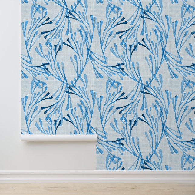 Coastal Coral and Seaweed in Cornflower Blue Wallpaper (Application)