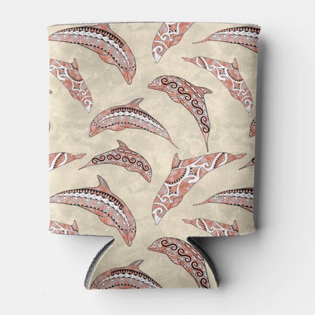 Coastal Coral Hawaiian Tribal Dolphins Can Cooler (Front)