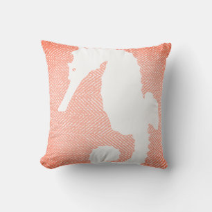 Coastal Coral Herringbone & White Seahorse Cushion