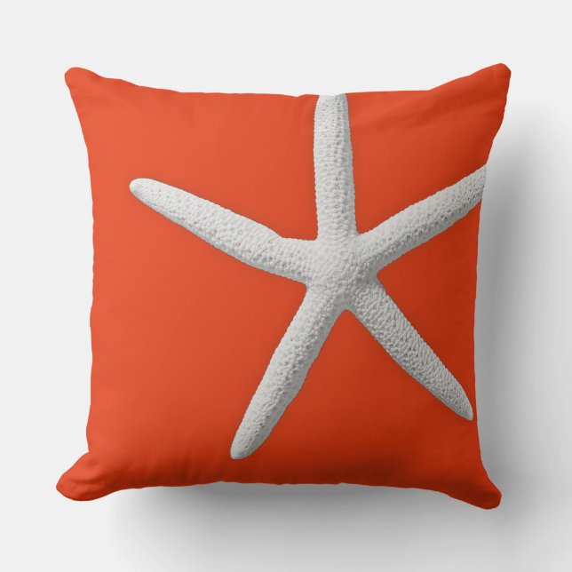 Coastal Coral Orange Tropical White Starfish Beach Cushion (Front)