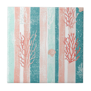 Coastal Coral Stripe Beach Pattern Ceramic Tile