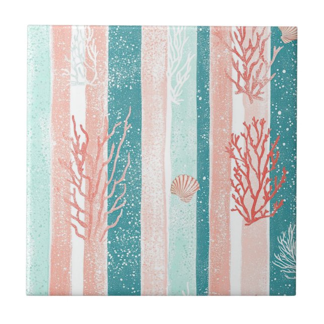 Coastal Coral Stripe Beach Pattern Ceramic Tile (Front)