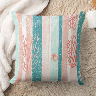 Coastal Coral Stripe Beach Pattern Cushion