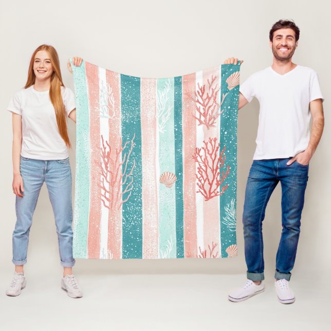 Coastal Coral Stripe Beach Pattern Fleece Blanket (In Situ)