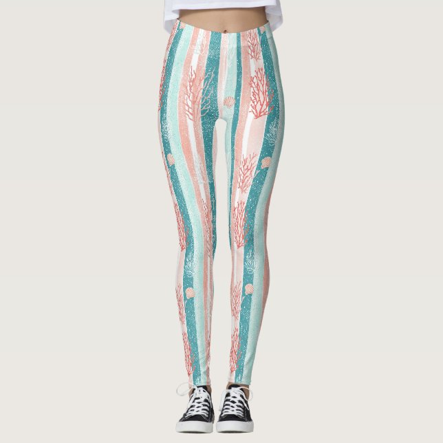 Coastal Coral Stripe Beach Pattern Leggings (Front)