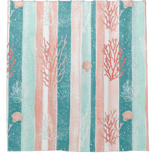 Coastal Coral Stripe Beach Pattern Shower Curtain