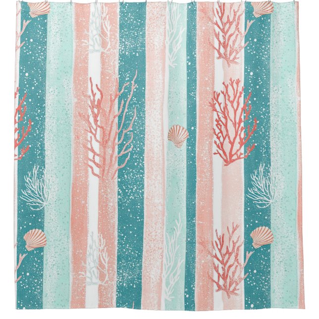 Coastal Coral Stripe Beach Pattern Shower Curtain (Front)