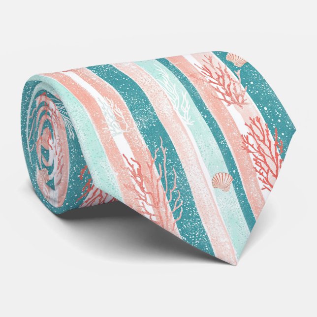 Coastal Coral Stripe Beach Pattern Tie (Rolled)
