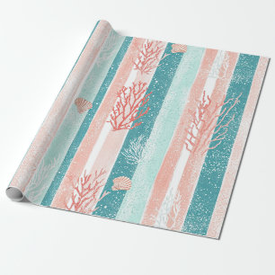 Coastal Coral Stripe Beach Pattern Wrapping Paper