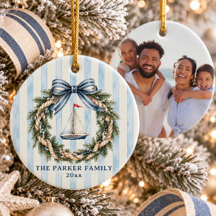 Coastal Cosy Cute Sailboat Wreath Family Photo Ceramic Ornament