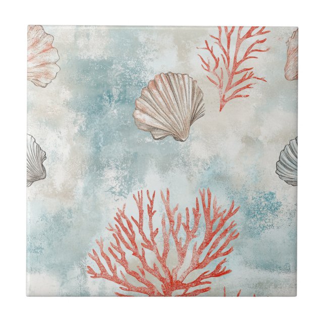 Coastal Cottage Aqua Seashell Pattern Ceramic Tile (Front)