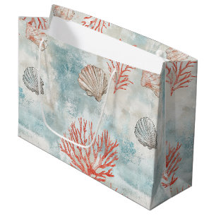 Coastal Cottage Aqua Seashell Pattern Large Gift Bag