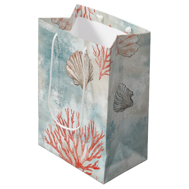 Coastal Cottage Aqua Seashell Pattern Medium Gift Bag (Front Angled)