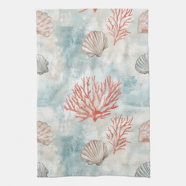 Coastal Cottage Aqua Seashell Pattern Tea Towel (Vertical)