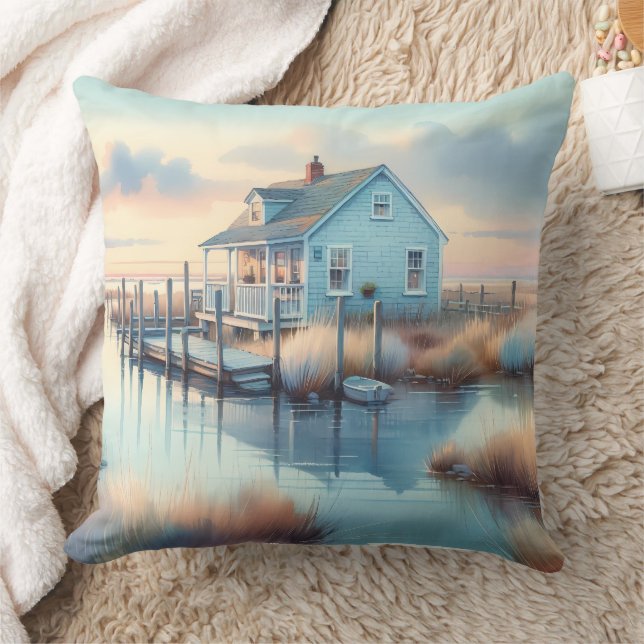 Coastal Cottage at Sunrise Marsh Cushion (Blanket)