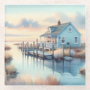 Coastal Cottage at Sunrise Marsh Glass Coaster