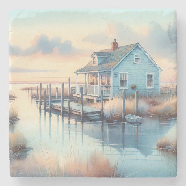 Coastal Cottage at Sunrise Marsh Stone Coaster (Front)