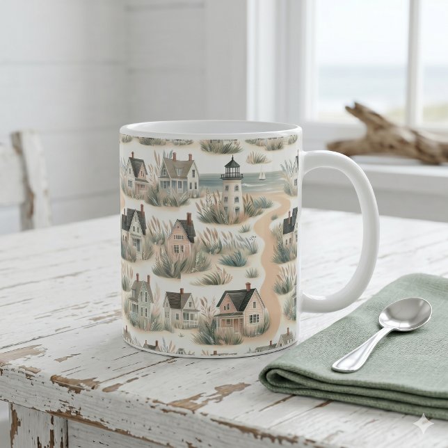 Coastal Cottage Lighthouse Pattern Coffee Mug (Coastal Cottage Lighthouse Pattern Coffee Mug)