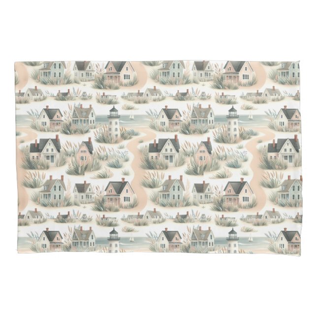 Coastal Cottage Lighthouse Pattern Pillowcase (Front-Left)