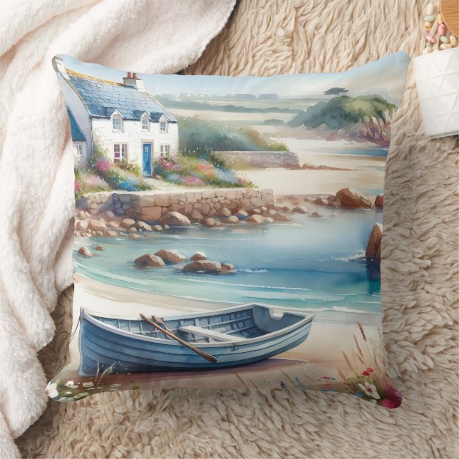 Coastal Cottage Seaside Rowboat Bloom Cushion (Blanket)