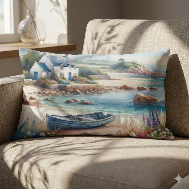 Coastal Cottage Seaside Rowboat Bloom Lumbar Cushion (Coastal Cottage Seaside Rowboat Bloom Lumbar Pillow Mockup A)