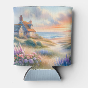 Coastal Cottage Sunset Dunes Watercolor Can Cooler