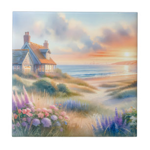 Coastal Cottage Sunset Dunes Watercolor Ceramic Tile