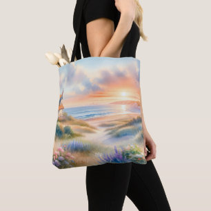 Coastal Cottage Sunset Dunes Watercolor Tote Bag