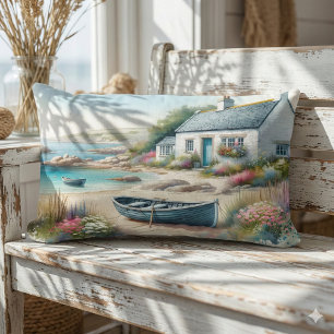 Coastal Cottage Watercolor Seaside Scene Lumbar Cushion