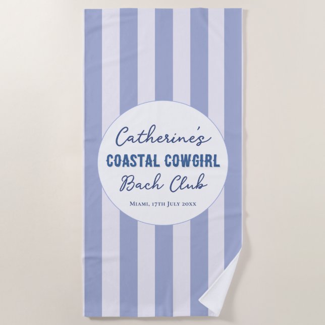 Coastal Cowgirl Bach Club Blue White Stripe Beach Towel (Front)