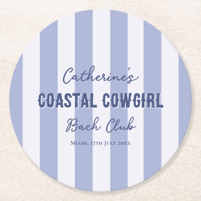 Coastal Cowgirl Bach Club Blue White Stripes Round Paper Coaster (Front)