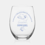 Coastal cowgirl bachelorette party favour gifts stemless wine glass<br><div class="desc">Coastal Cowgirl Bachelorette weekend on a coast bachelorette tableware personalised printedshot glasses  template,  bachelorette party favours personalised glass dusty blue marine nautical cowgirl beach dusty blue themed bridesmaid favour gifts</div>