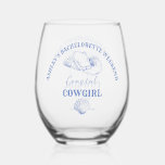 Coastal cowgirl bachelorette party favour gifts stemless wine glass<br><div class="desc">Coastal Cowgirl Bachelorette weekend on a coast bachelorette tableware personalised printedshot glasses  template,  bachelorette party favours personalised glass dusty blue marine nautical cowgirl beach dusty blue themed bridesmaid favour gifts</div>