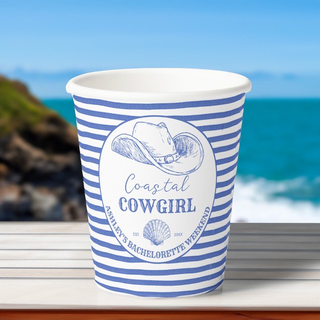 Coastal cowgirl bachelorette table decor printed paper cups (Coastal cowgirl bachelorette party personalized table decor printed paper cups blue stripped cups)