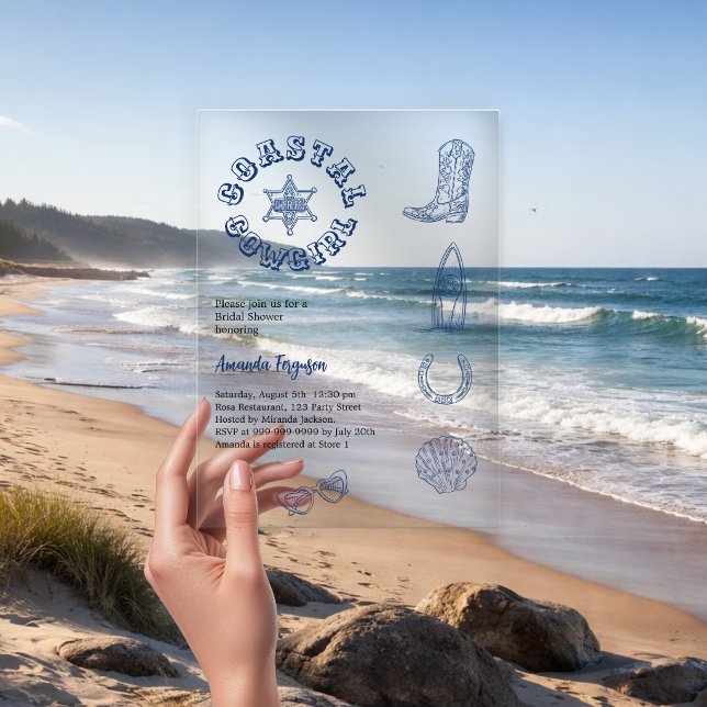 Coastal Cowgirl blue beach clear Bridal Shower Acrylic Invitations (Creator Uploaded)