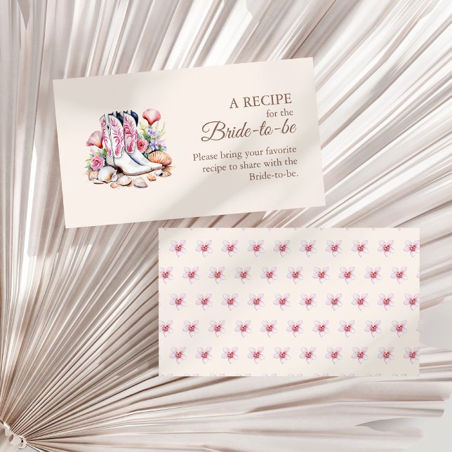 Coastal Cowgirl Boots Bridal Shower Share A Recipe Enclosure Card (Coastal Cowgirl Boots Bridal Shower Share A Recipe Enclosure Card on a white dry palm leaf.)