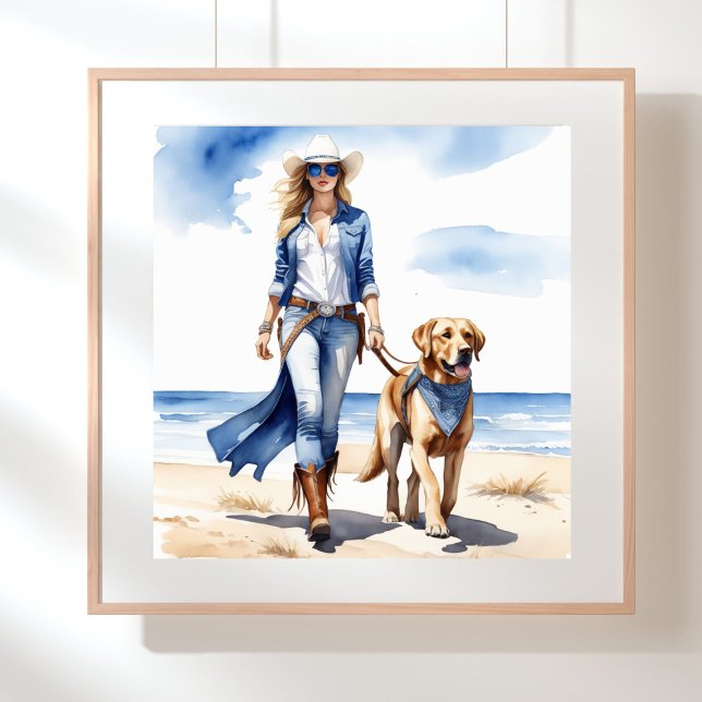 Coastal Cowgirl in Denim with a Dog on the Beach Poster (Coastal cowgirl in denim walking on the beach with a dog)