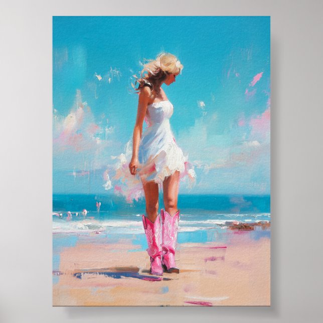 Coastal Cowgirl – Pink Boots & White Dress Beach  Poster (Front)