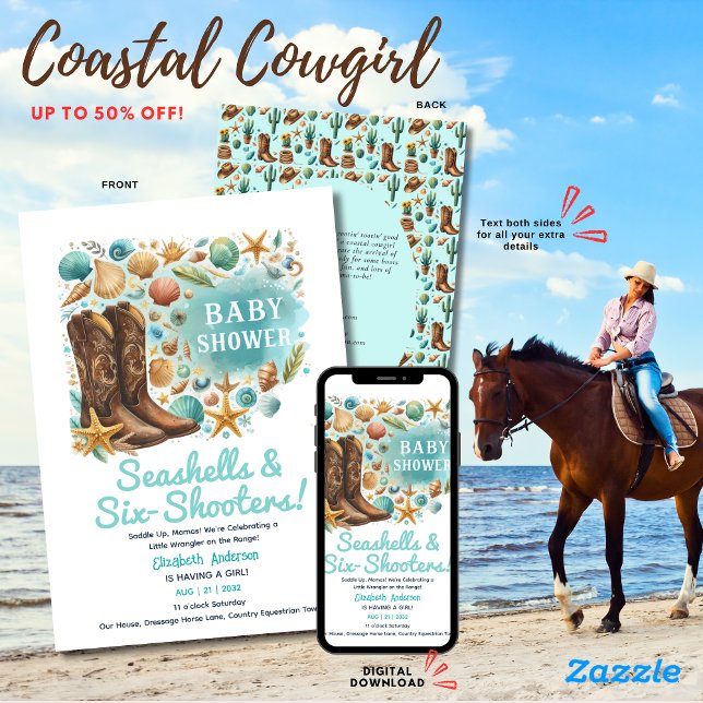 ⭐Coastal Cowgirl Seashells Baby Shower Teal Invitation (Creator Uploaded)