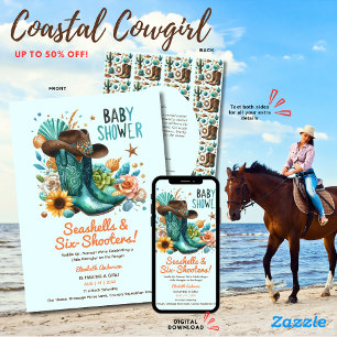 ⭐Coastal Cowgirl Seashells Baby Shower Teal Invitation