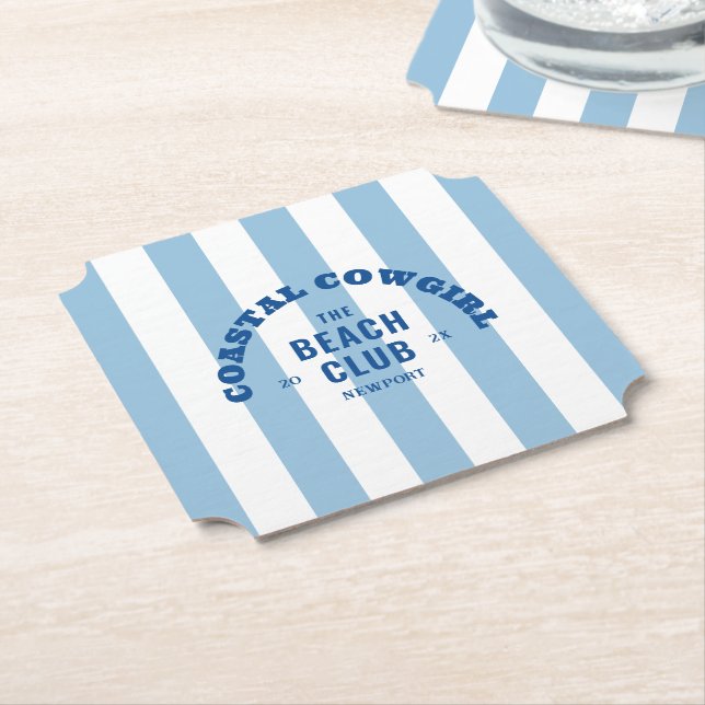 Coastal Cowgirl The Beach Club Blue Cabana Stripe Paper Coaster (Angled)