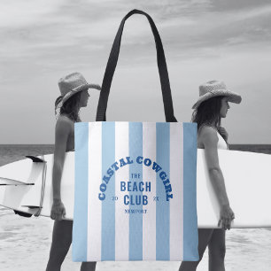 Coastal Cowgirl The Beach Club Blue Cabana Stripe Tote Bag
