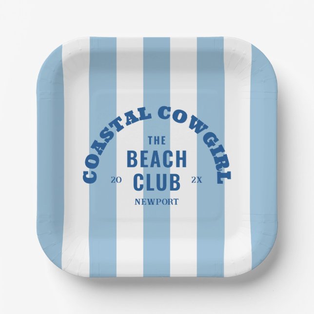Coastal Cowgirl The Beach Club Denim Cabana Stripe Paper Plate (Front)